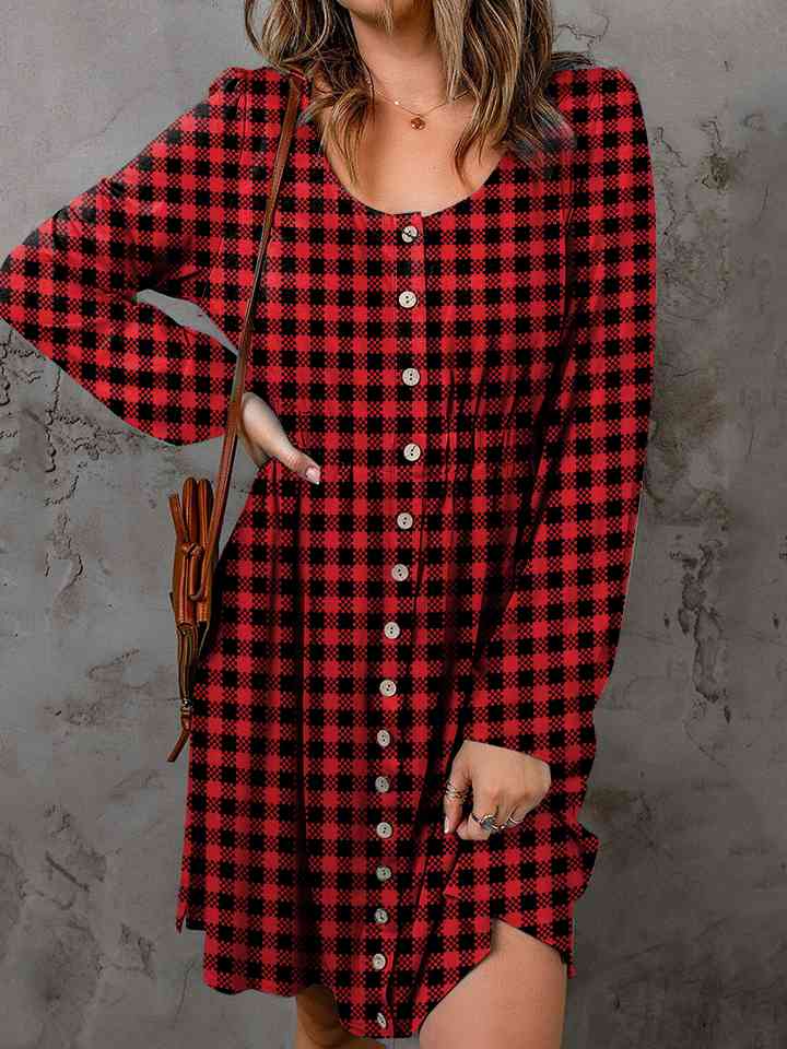 flannel maxi dress long sleeve Full Size Plaid Round Neck Long Sleeve Magic Dress