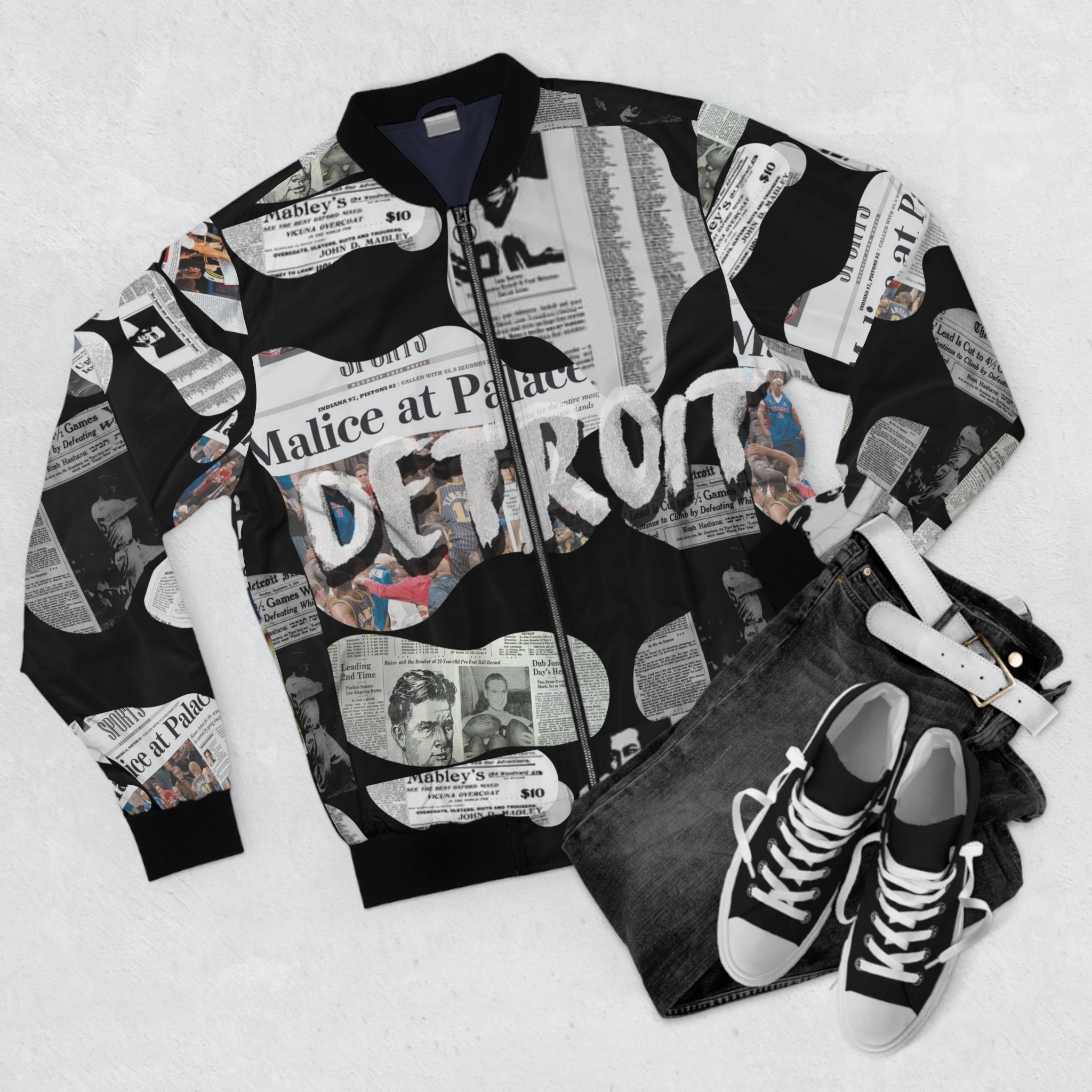 Detroit Newspaper Cutout Kimante All Black AOP Bomber Jacket