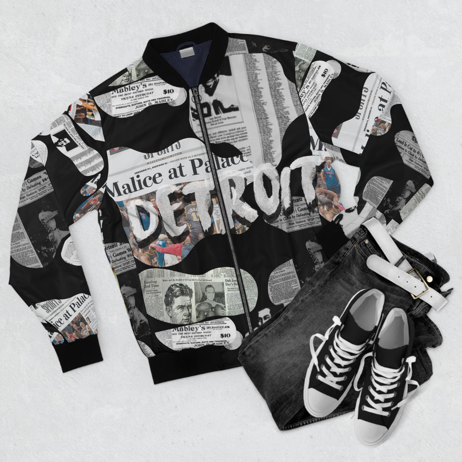 Detroit Newspaper Cutout Kimante All Black AOP Bomber Jacket