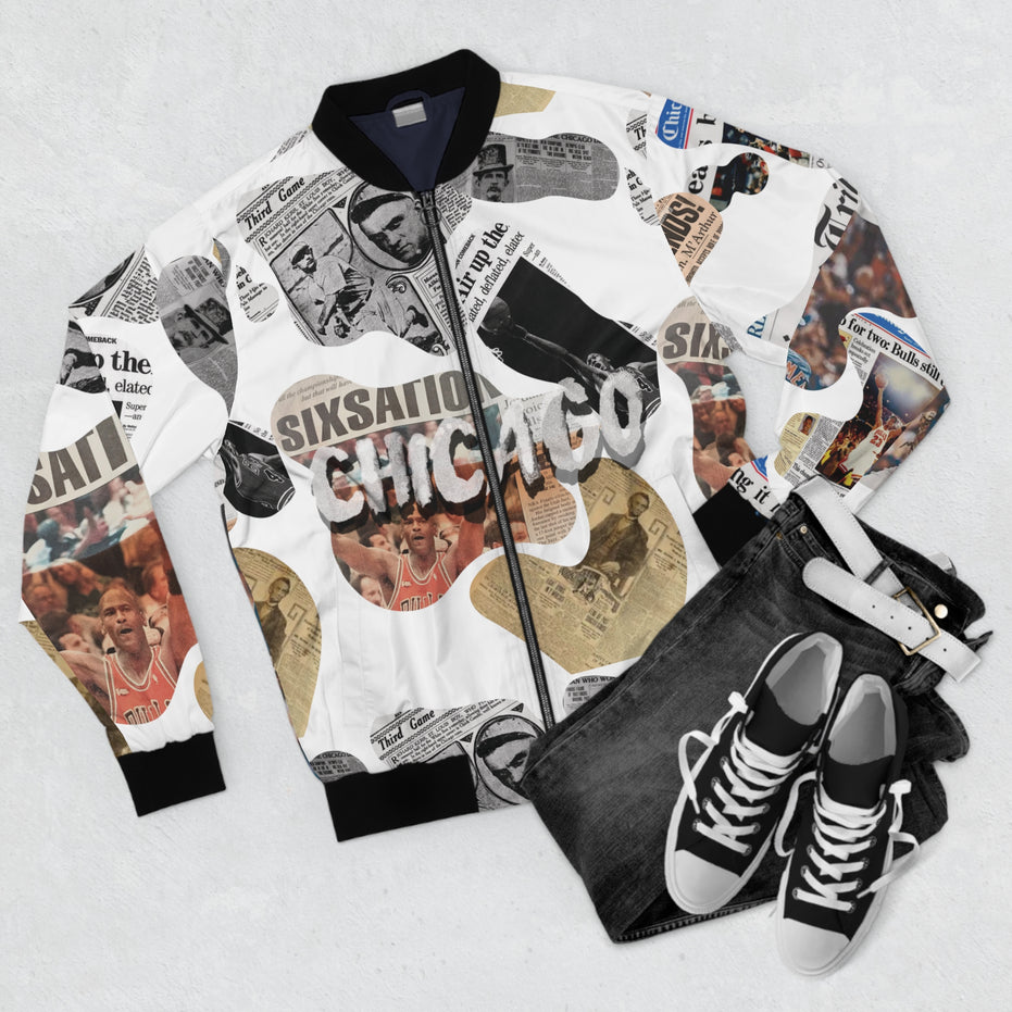 Chicago Newspaper Cutout Kimante All White Bomber Jacket