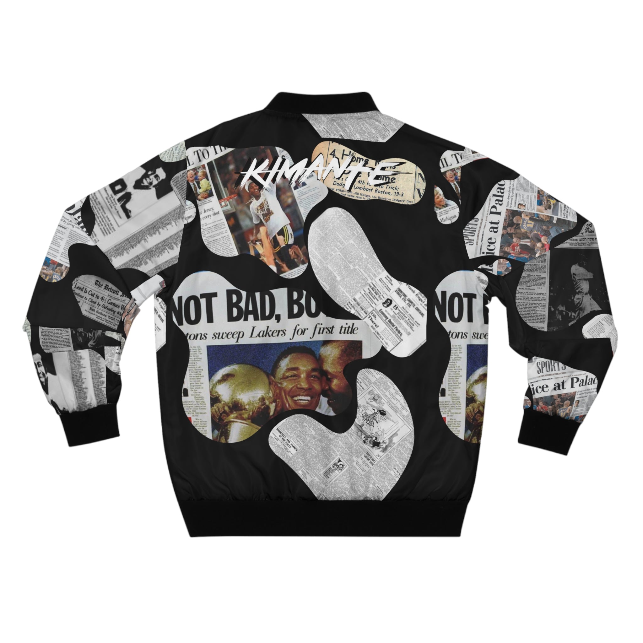 Detroit Newspaper Cutout Kimante All Black AOP Bomber Jacket