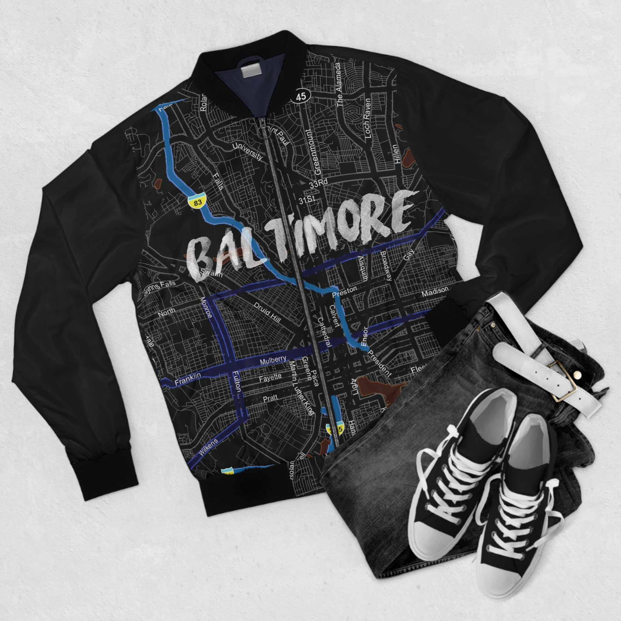Baltimore Kimante All Black, Black Sleeves AOP Bomber Jacket