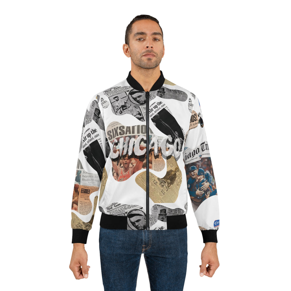 Chicago Newspaper Cutout Kimante All White Bomber Jacket