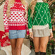 Diamond Pattern Contrast Trim Mock Neck Sweater