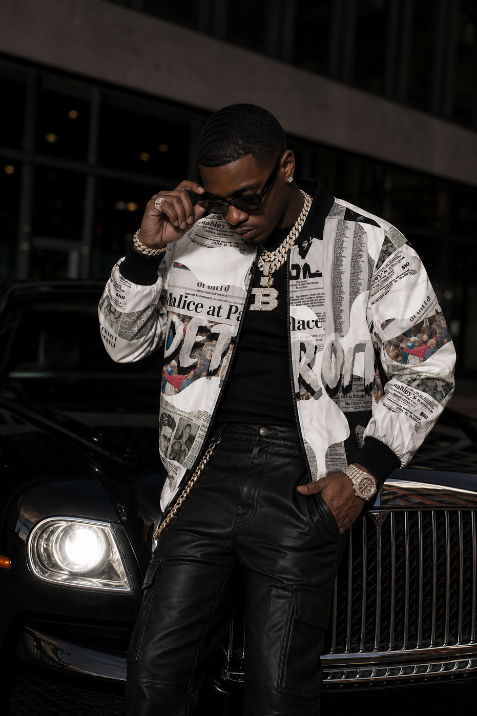 Detroit Newspaper Cutout Kimante All White AOP Bomber Jacket