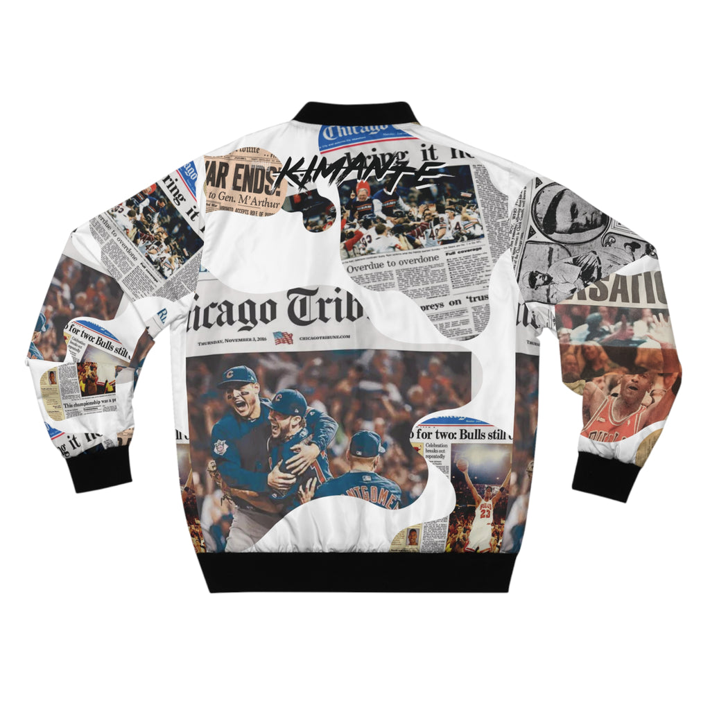 Chicago Newspaper Cutout Kimante All White Bomber Jacket