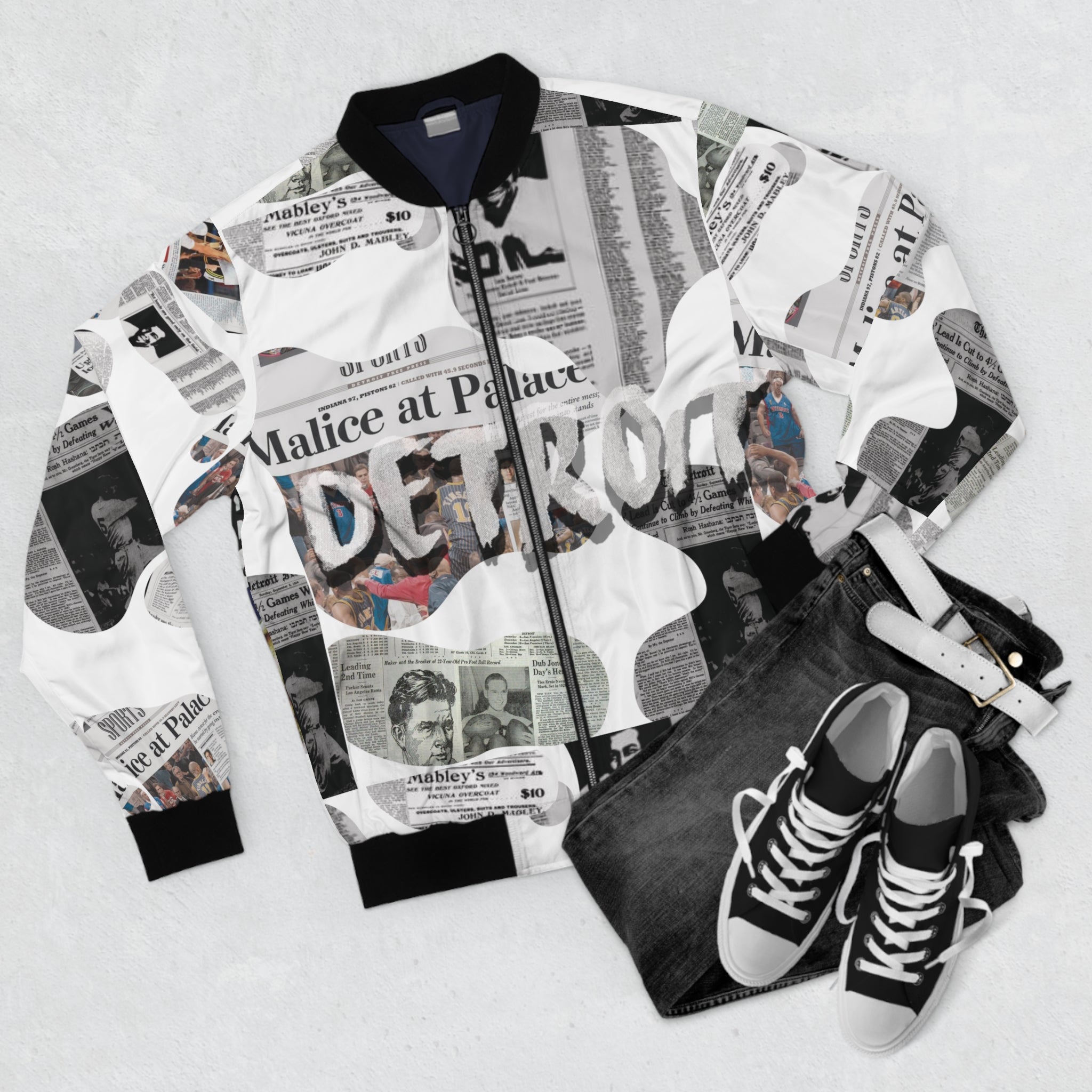 Detroit Newspaper Cutout Kimante All White AOP Bomber Jacket