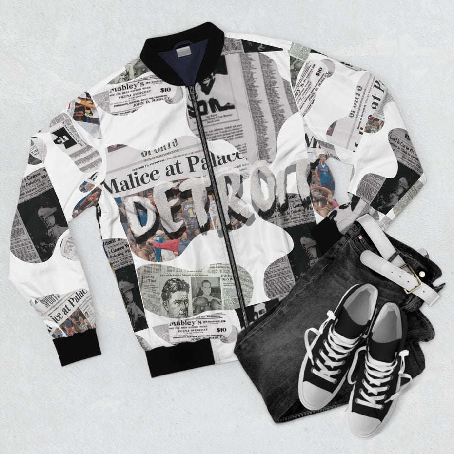 Detroit Newspaper Cutout Kimante All White AOP Bomber Jacket