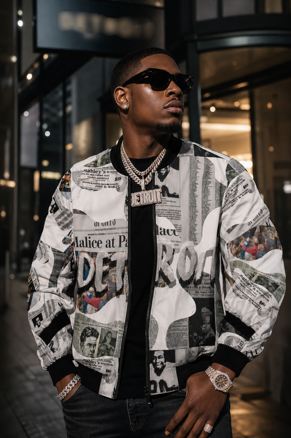 Detroit Newspaper Cutout Kimante All White AOP Bomber Jacket