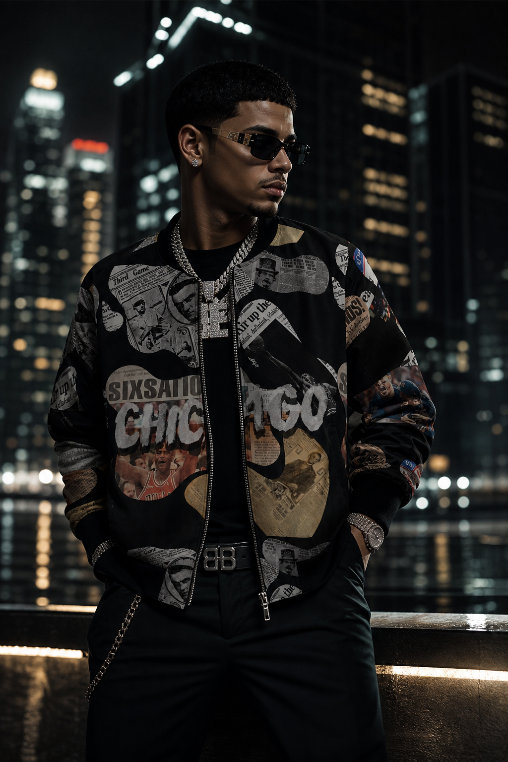 Chicago Newspaper Cutout Kimante All Black Bomber Jacket