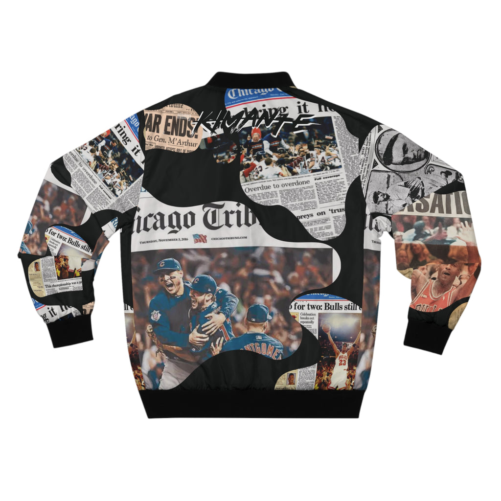 Chicago Newspaper Cutout Kimante All Black Bomber Jacket