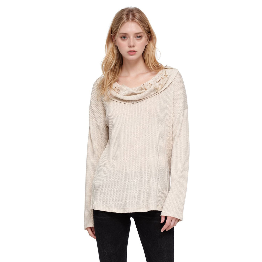 Pleione Draped Cowl Neck Drop Shoulder Top in Cream