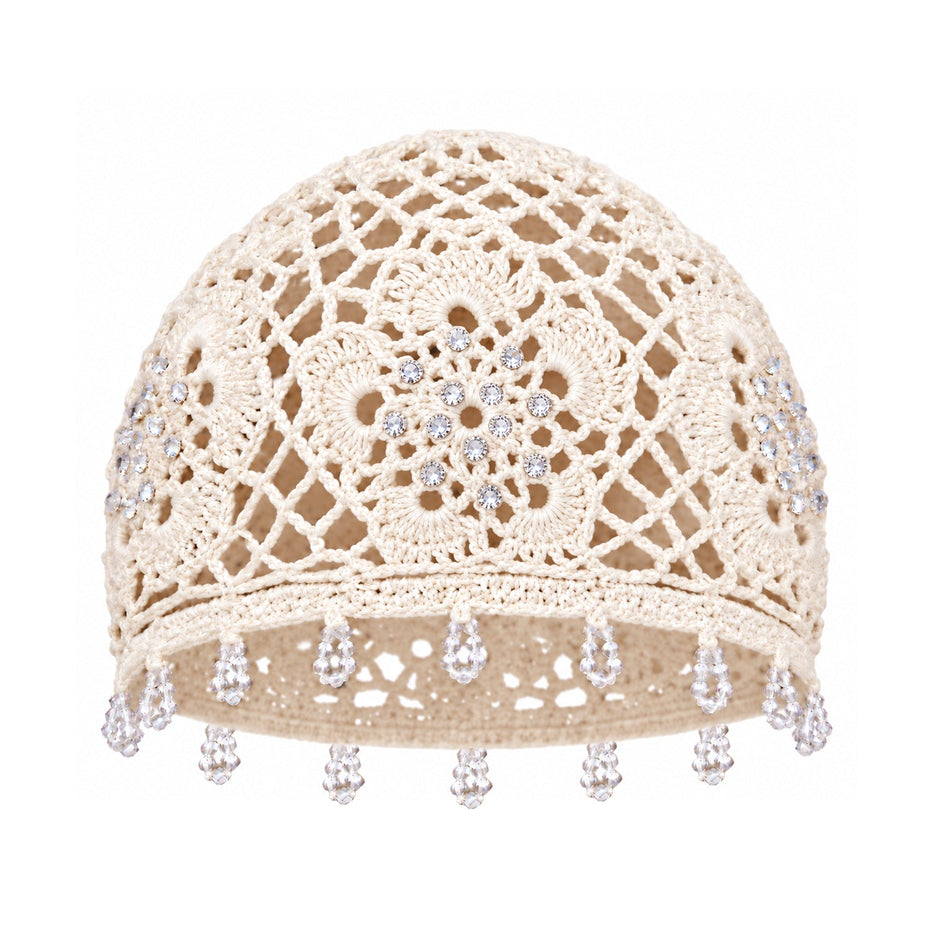Carna Off-White Crystal-Embellished Crochet Cap