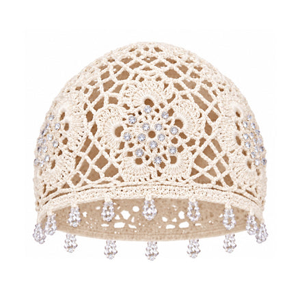 Carna Off-White Crystal-Embellished Crochet Cap
