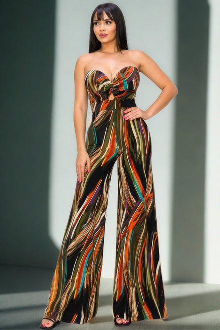 Allover Print Twist Front Wide Leg Jumpsuit