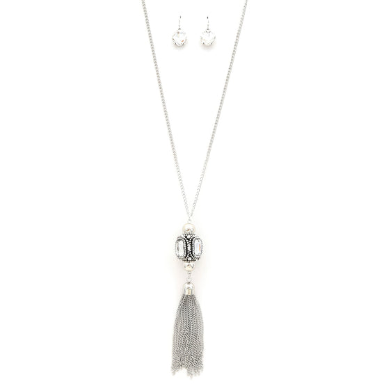 Cube Rhinestone Chain Tassel Necklace