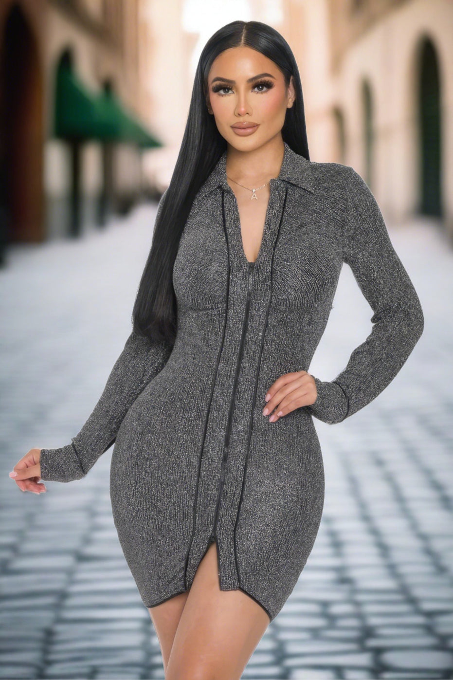 Mock Neck Long Sleeve Mini Dress