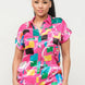 Satin Dolman Print Button Down Top And Shorts Set