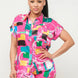 Satin Dolman Print Button Down Top And Shorts Set