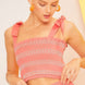Self Tie Shoulder Smocking Ruffle Crop Top