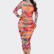Summer Heat Print Mesh Ruched Midi Dress