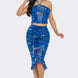 Tropical Waters Print Mesh Ruffle Halter Skirt Set