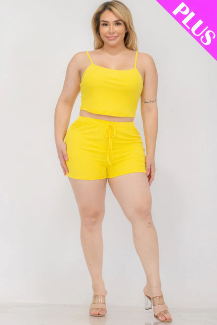 Plus Size Solid Ribbed Cami Top And Shorts Set