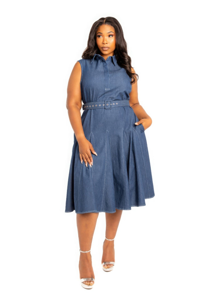 Contrast Stitch Washed Denim Shirt Dress With Belt