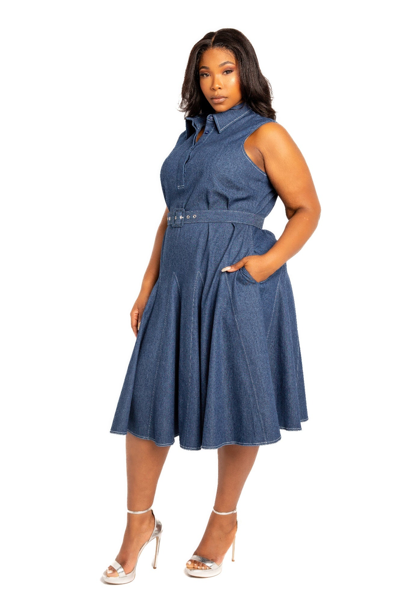 Contrast Stitch Washed Denim Shirt Dress With Belt