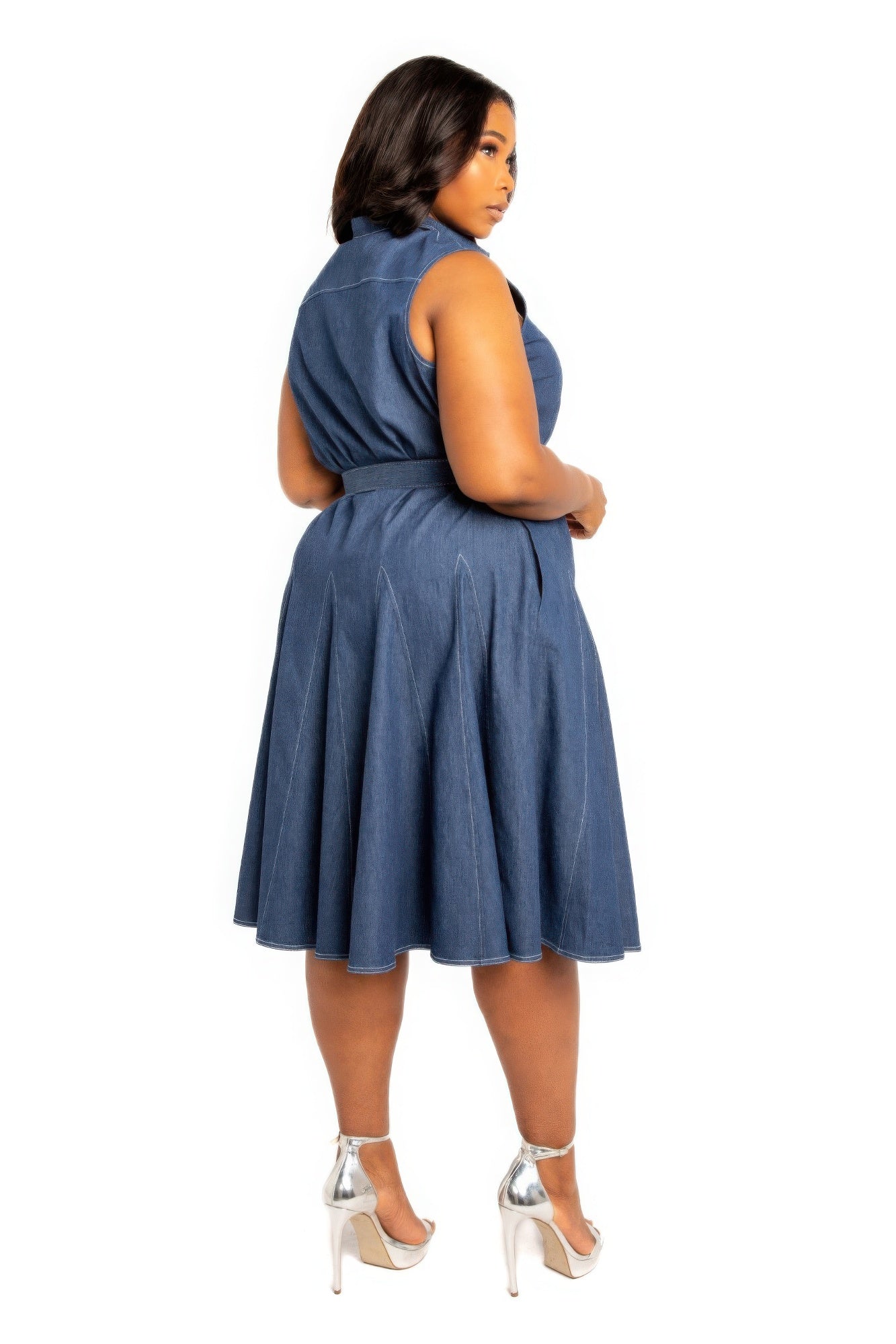 Contrast Stitch Washed Denim Shirt Dress With Belt