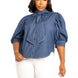 Washed Denim Puff Sleeve Blouse With Tie