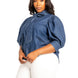 Washed Denim Puff Sleeve Blouse With Tie