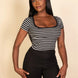 Ribbed Tight Knitted Striped Square Neck Short Sleeve T shirt