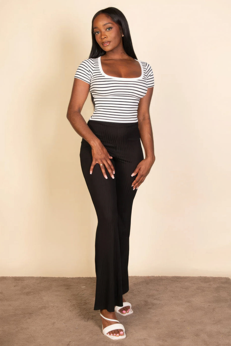 Ribbed Tight Knitted Striped Square Neck Short Sleeve T shirt