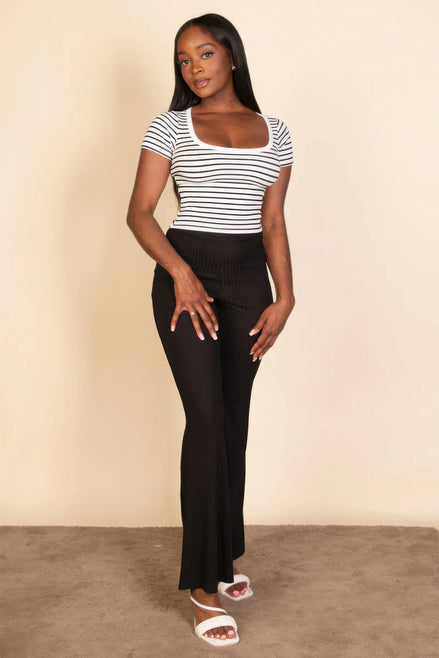 Ribbed Tight Knitted Striped Square Neck Short Sleeve T shirt