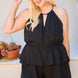 Round Neck Pleats Waist Elastic Ruffle Back Button Romper