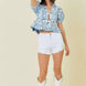 Denim Embroidered Crop Top With Front Tie Detail