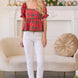 Plaid Print Baby Doll Puff Sleeve Top With Contrasting Lace Trim Detail