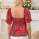 Plaid Print Baby Doll Puff Sleeve Top With Contrasting Lace Trim Detail