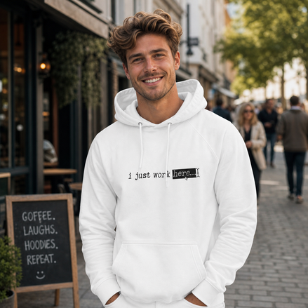 "I Just work here" Kimante Unisex Eco Raglan Hoodie