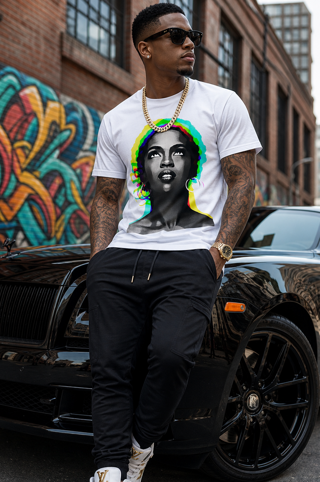 Man wearing a white t-shirt with a colorful graphic design, standing in front of a black car with graffiti in the background.