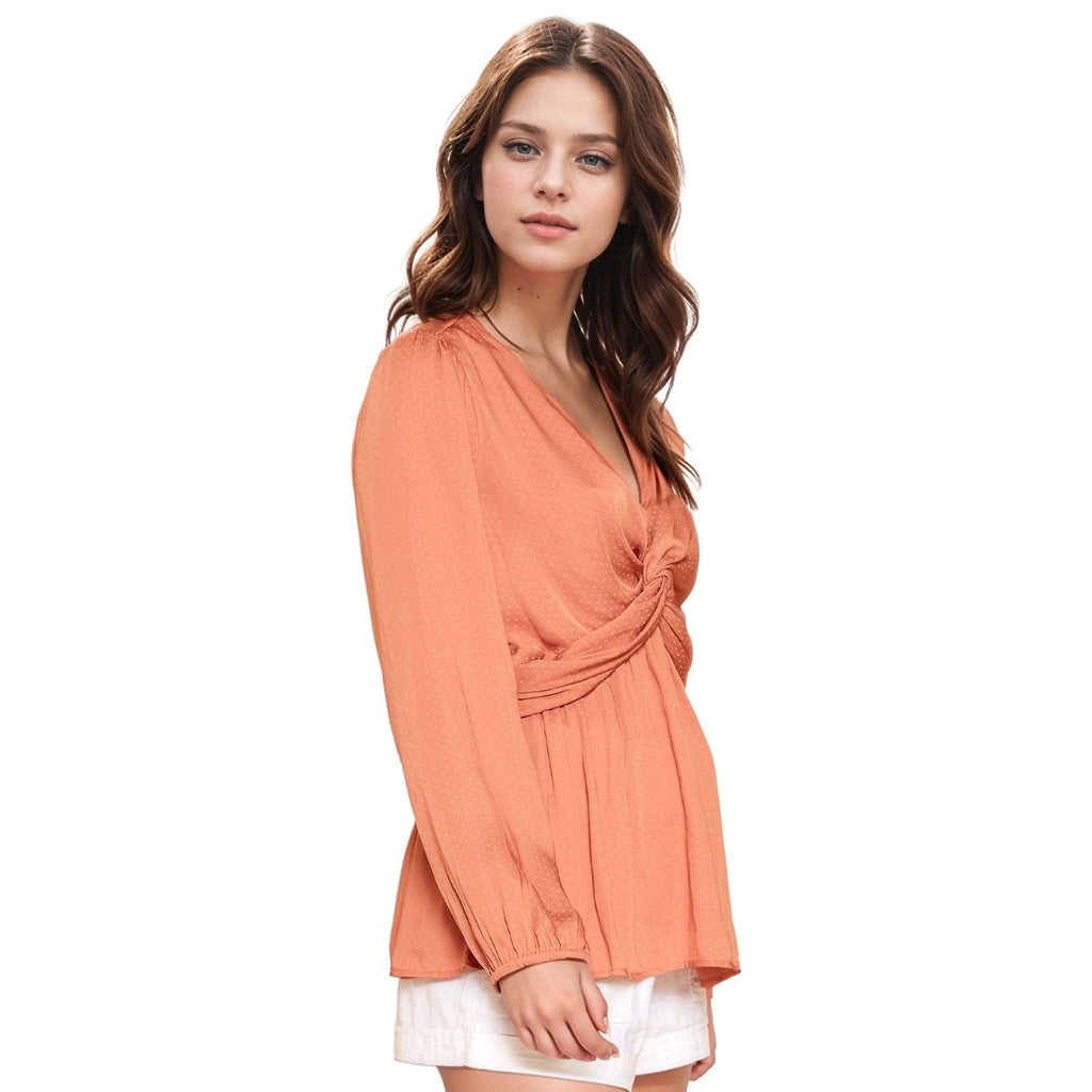Pleione Women's V-Neck Twist Front Tunic Top in Rust