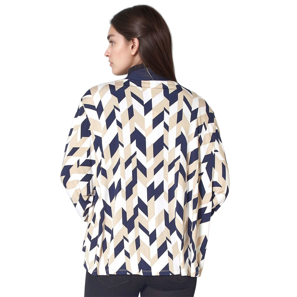Pleione Women's Geo Print Open Front Cardigan In Taupe Navy