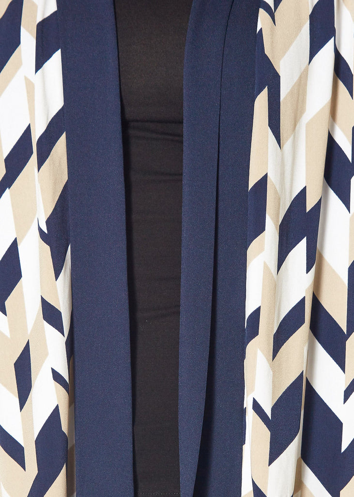 Pleione Women's Geo Print Open Front Cardigan In Taupe Navy