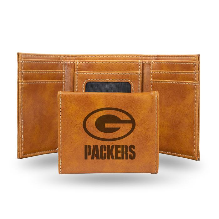 Green Bay Packers - Faux Leather Laser Engraved Brown Trifold Wallet