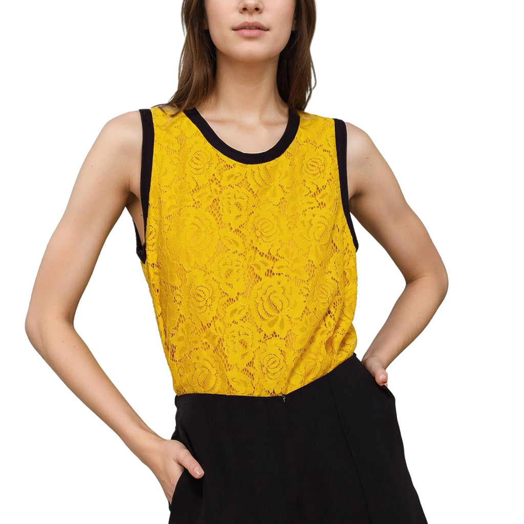 Pleione Women's Floral Lace Sleeveless Top In Mustard