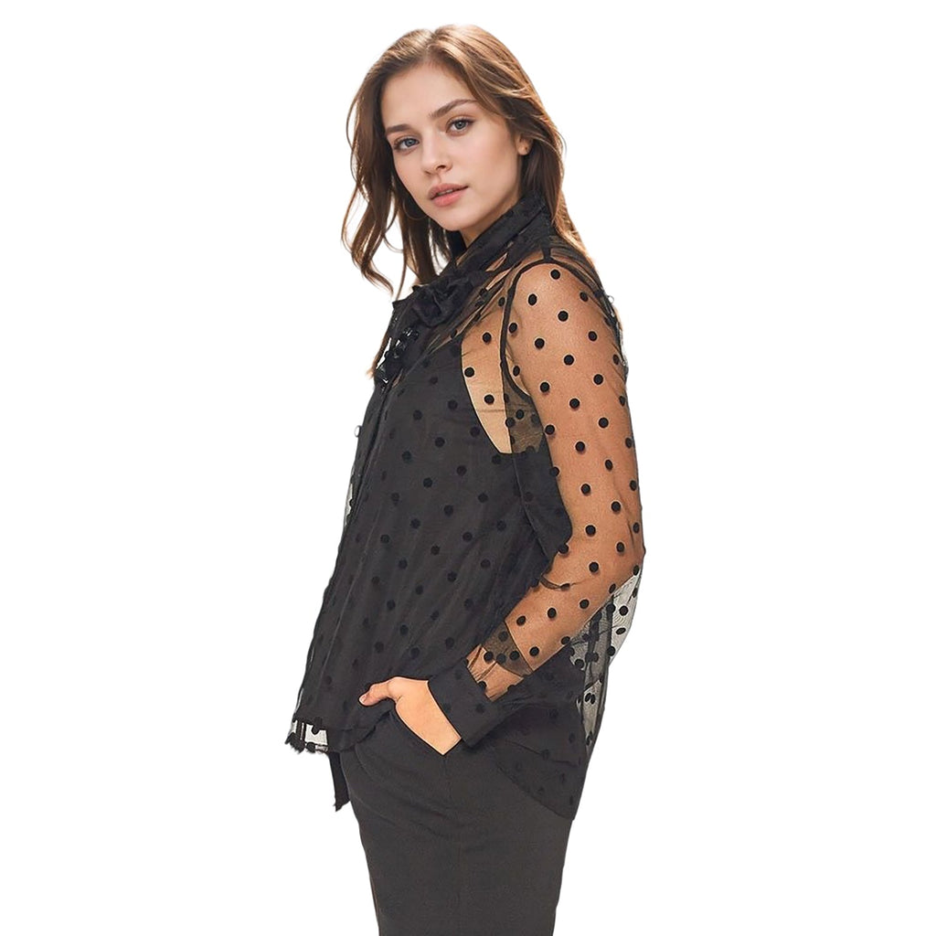 Pleione Women's Polkadot Mesh Blouse With Cami in Black