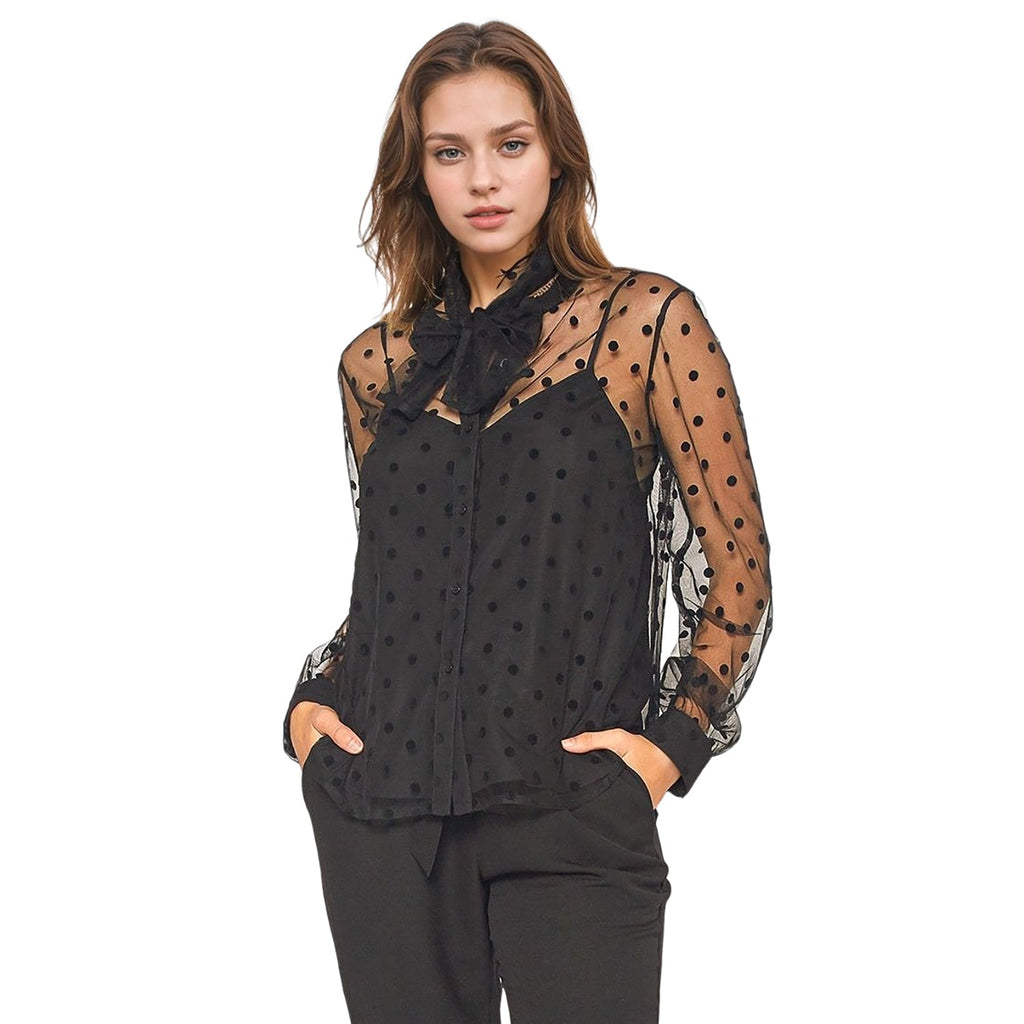 Pleione Women's Polkadot Mesh Blouse With Cami in Black