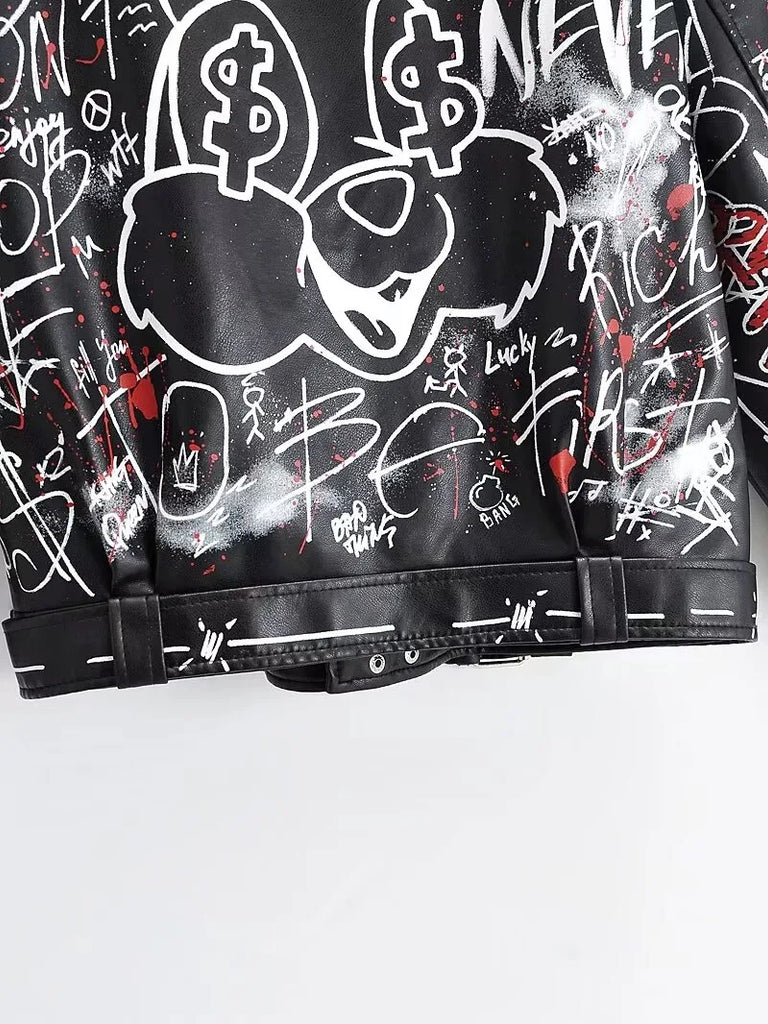 Women's Faux Soft Leather PU Rivet Punk Graffiti 3D Print Motorcycle Jacket