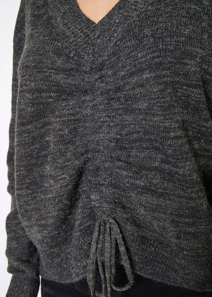 Pleione V-neck Ruched Sweater in Charcoal